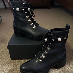 Karl Lagerfeld Black Lace Up Boots with Pearl Details